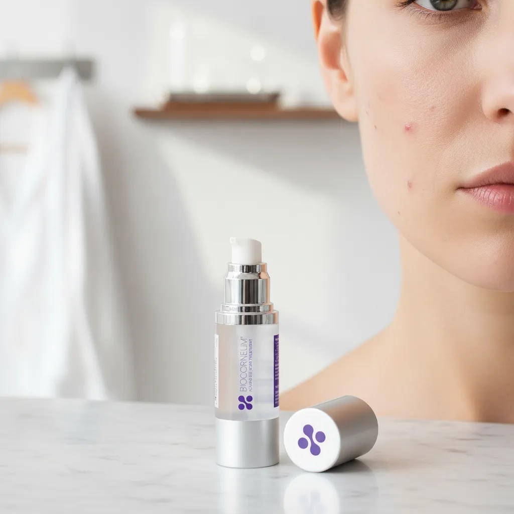 Different types of acne scars shown in a clinical skincare close-up comparing indented and raised scar texture