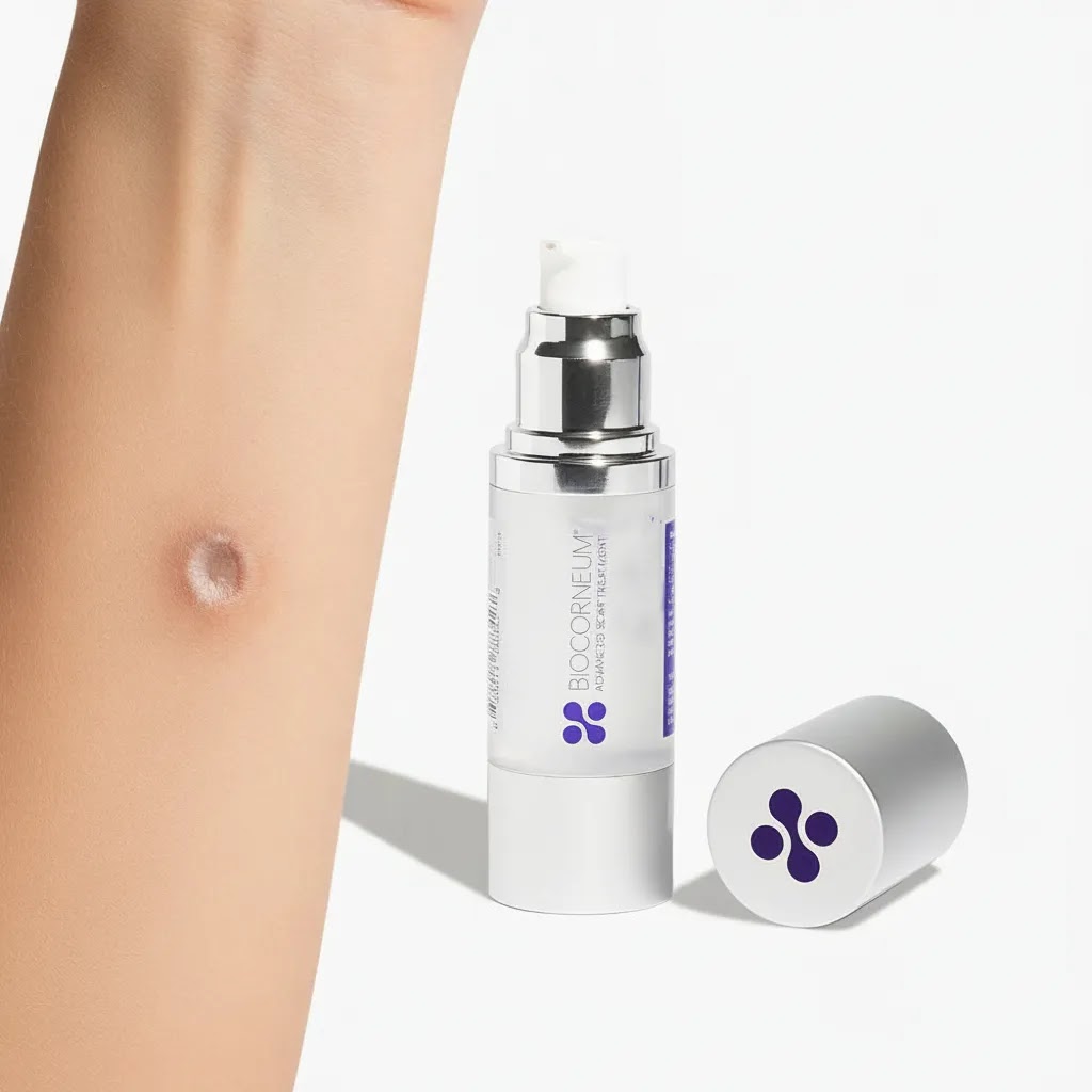 Healed cigarette burn scar close-up with BIOCORNEUM SiliSilk Advanced Scar Gel