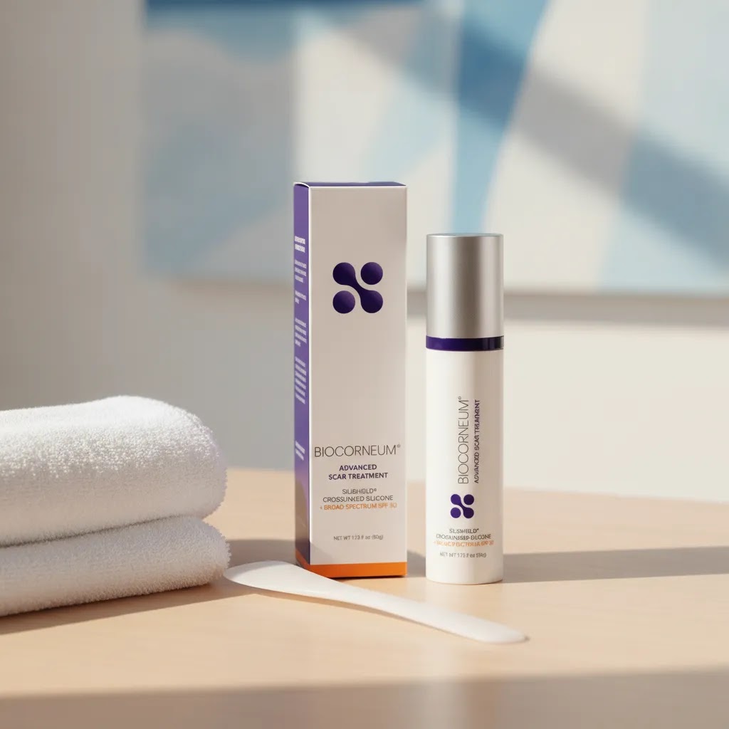 Best scar oil after surgery guide image featuring BIOCORNEUM 50g for choosing a silicone scar topical