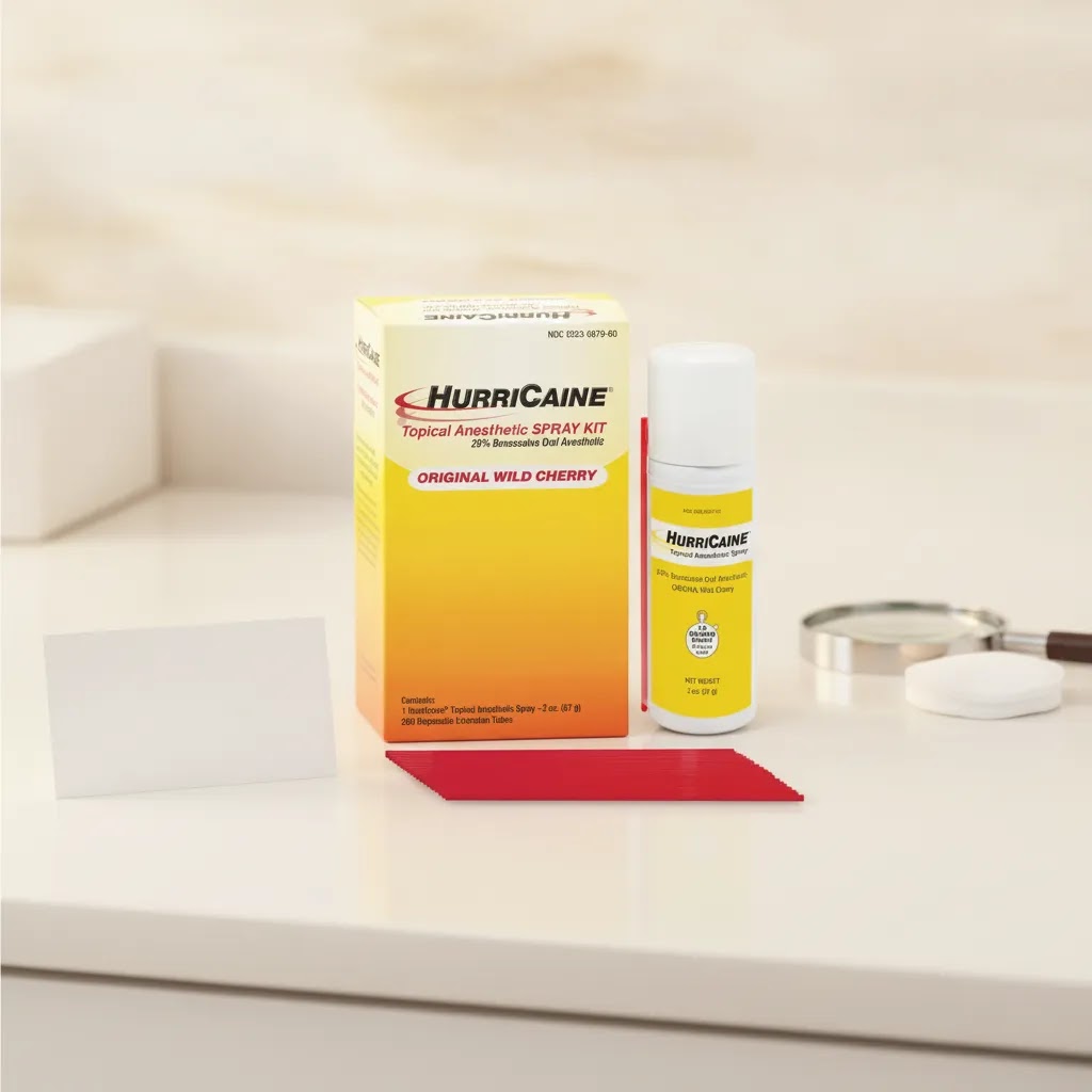 How to spell scarred article image with HurriCaine topical anesthetic gel in a clean educational clinical setting