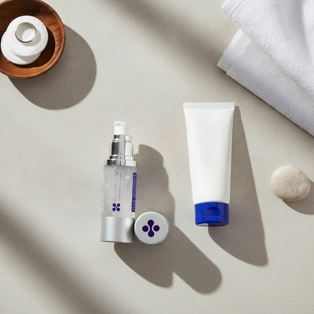 Mederma vs Biocorneum scar gel comparison with two scar treatment tubes in a clean editorial flat lay