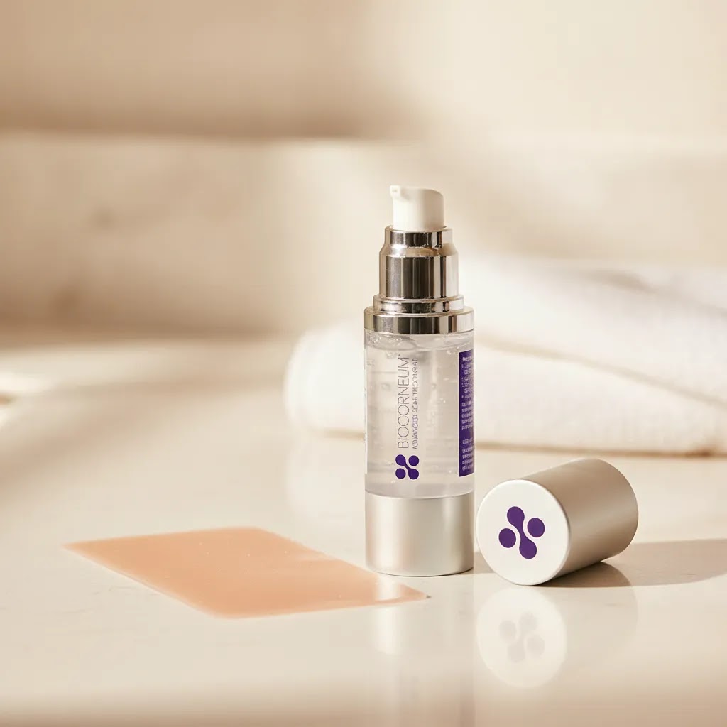 Mederma vs ScarAway comparison hero image with silicone scar gel in a clean clinical setting