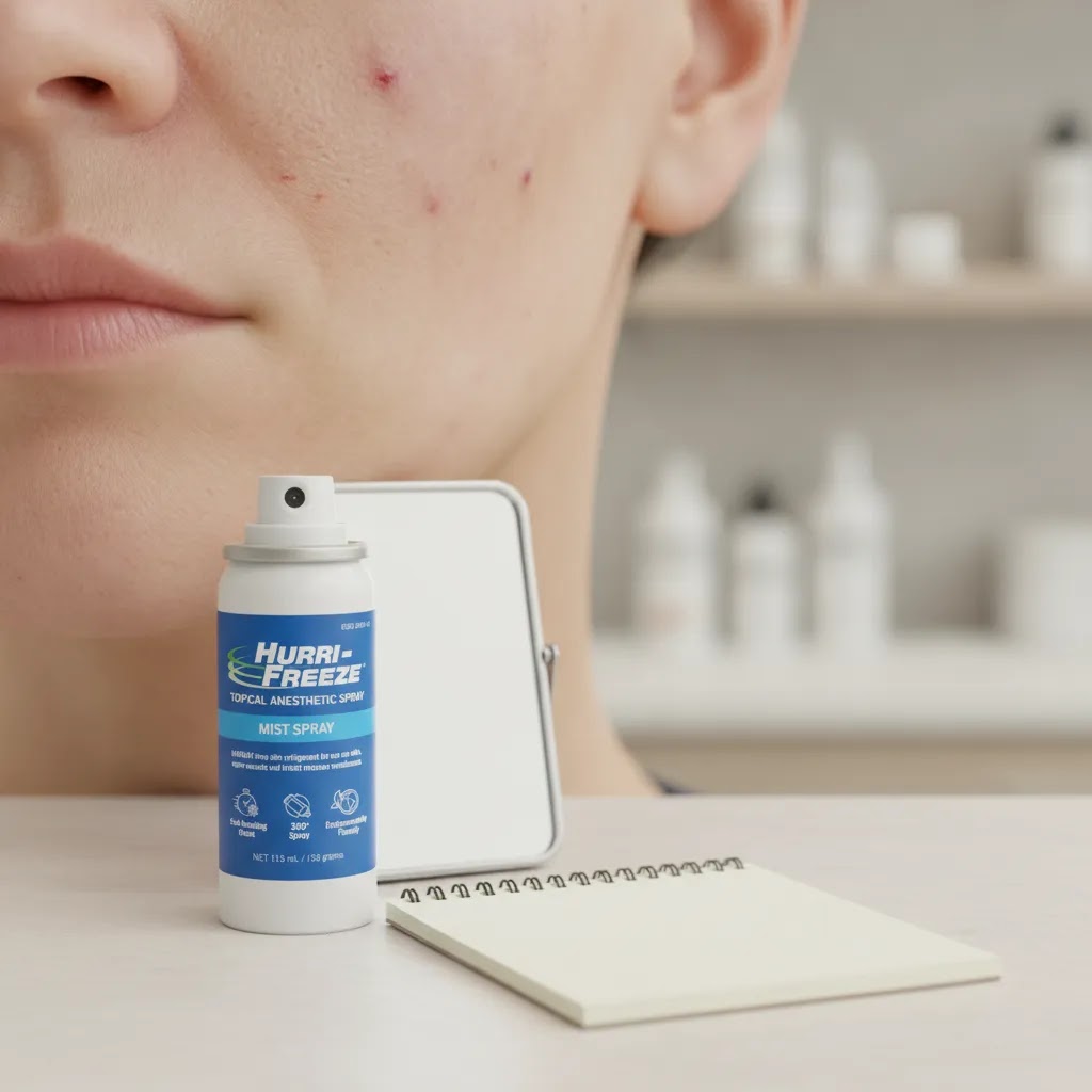 How to get rid of old acne scars assessment scene with Hurri-Freeze and clinical skincare consultation props