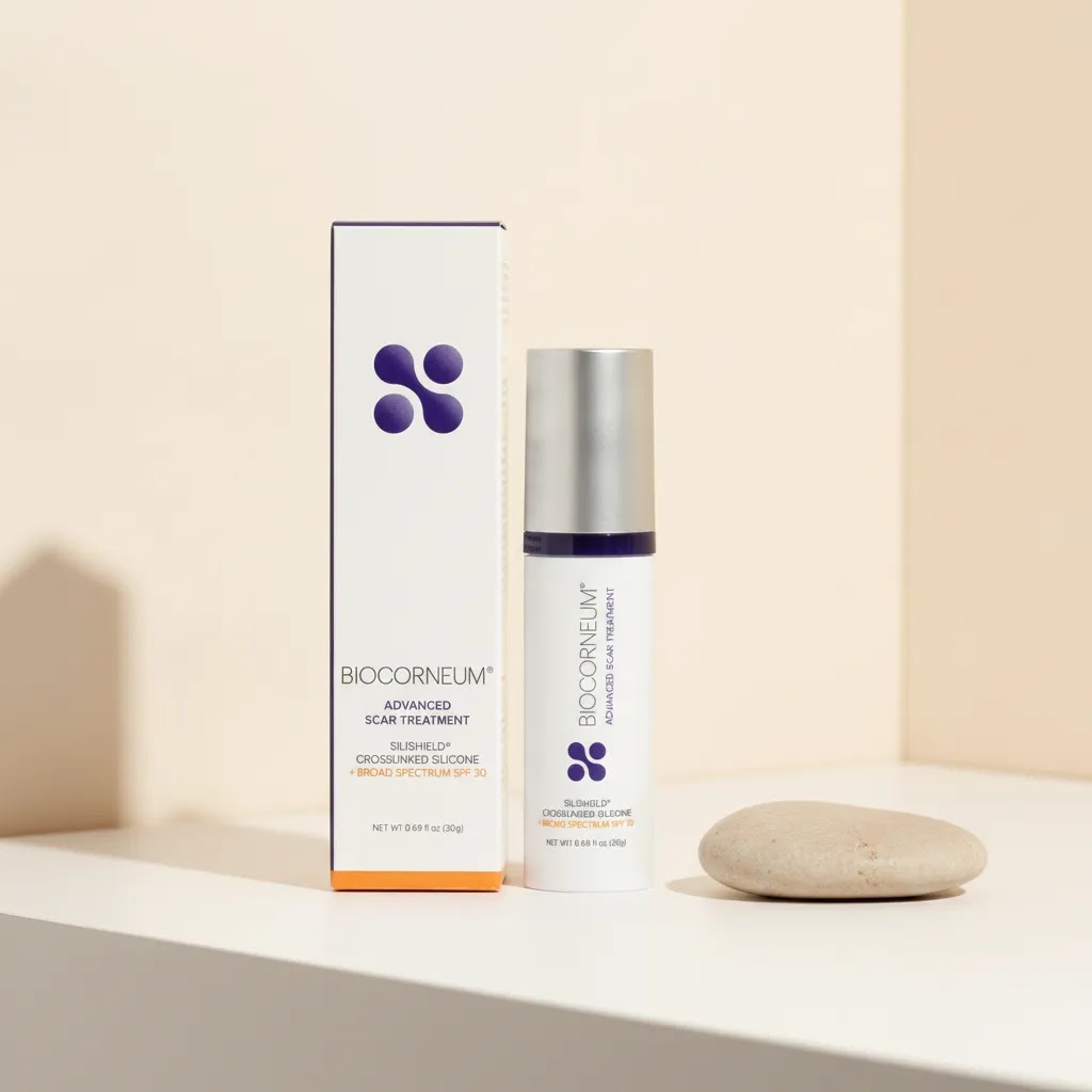 Best scar oil after surgery product evaluation image featuring BIOCORNEUM 20g in a clean clinical setting