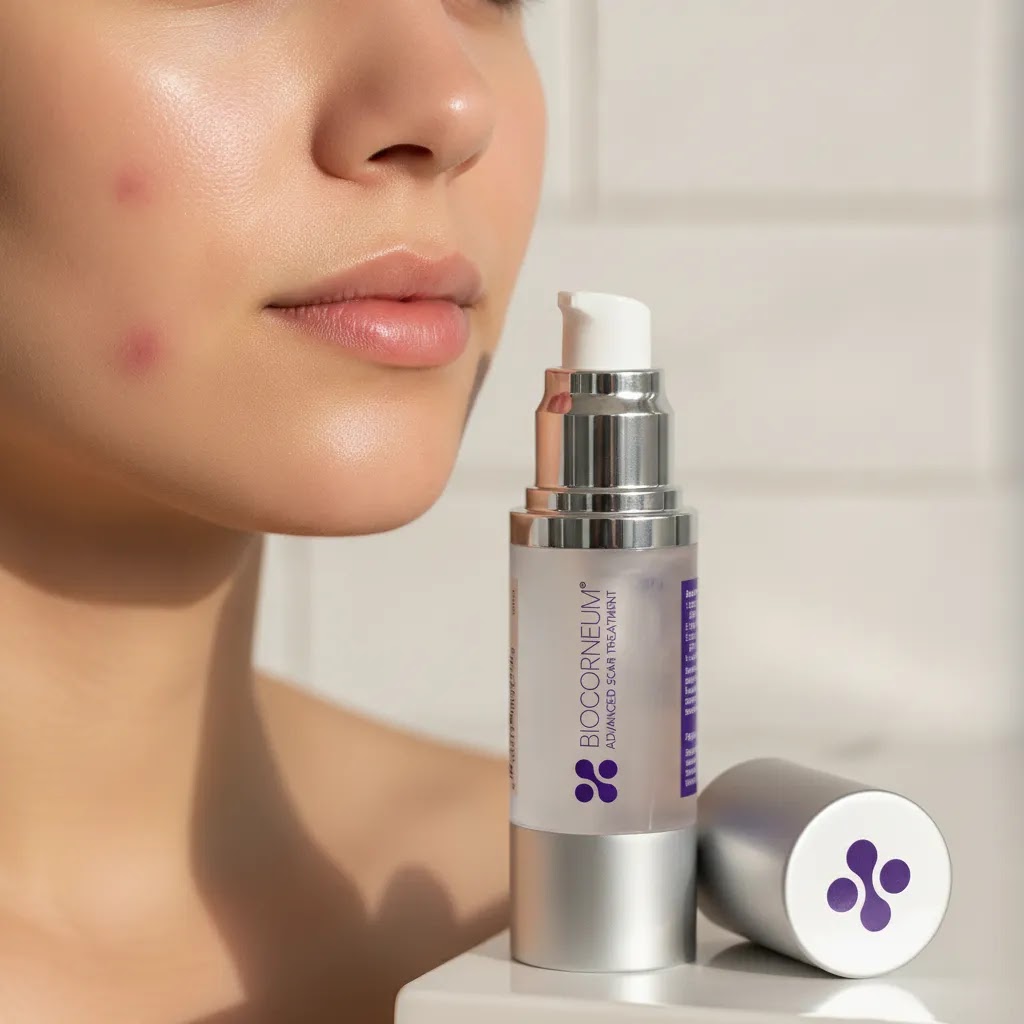 Close-up of red acne scars on smooth facial skin showing lingering post-inflammatory redness