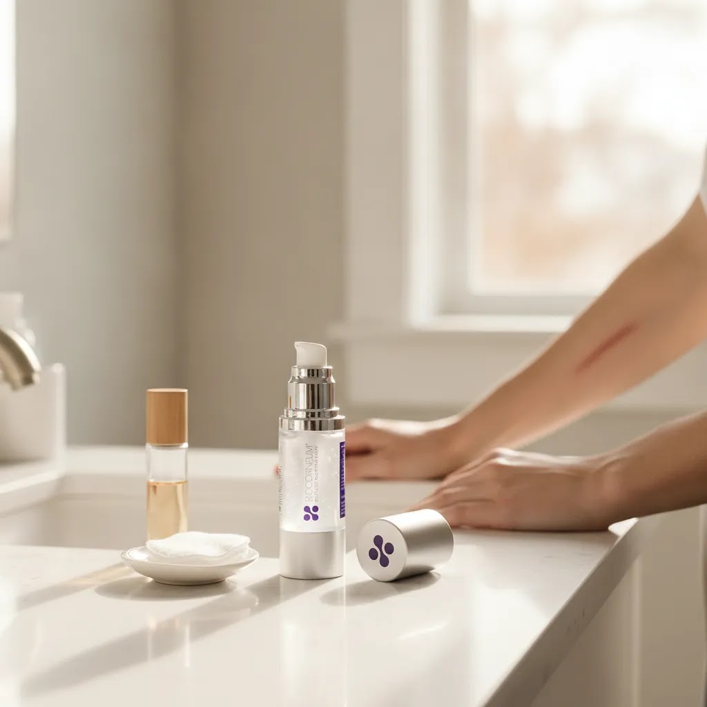 Scar remover silicone gel product and healing scar shown in a professional skincare setting