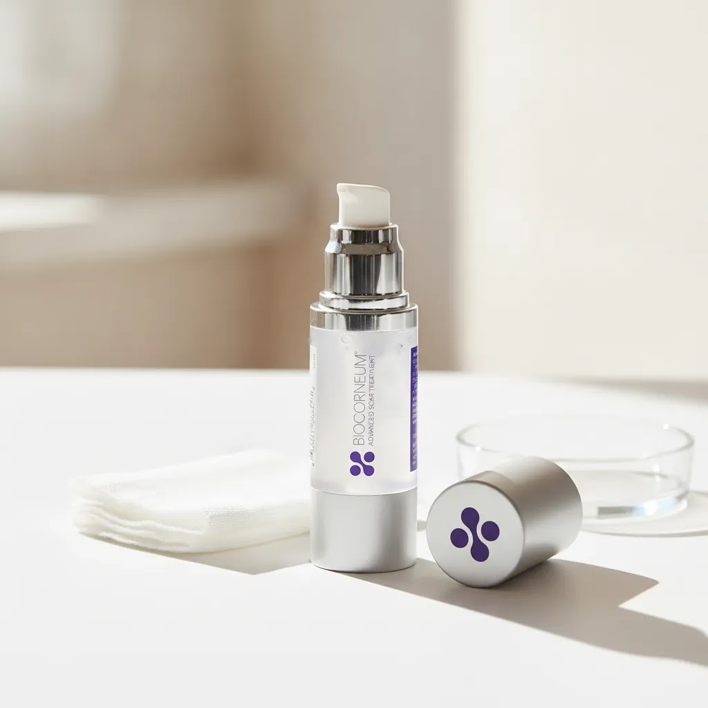 Second degree burn scar hero image with BIOCORNEUM SiliSilk Advanced Scar Gel on a clean clinical surface