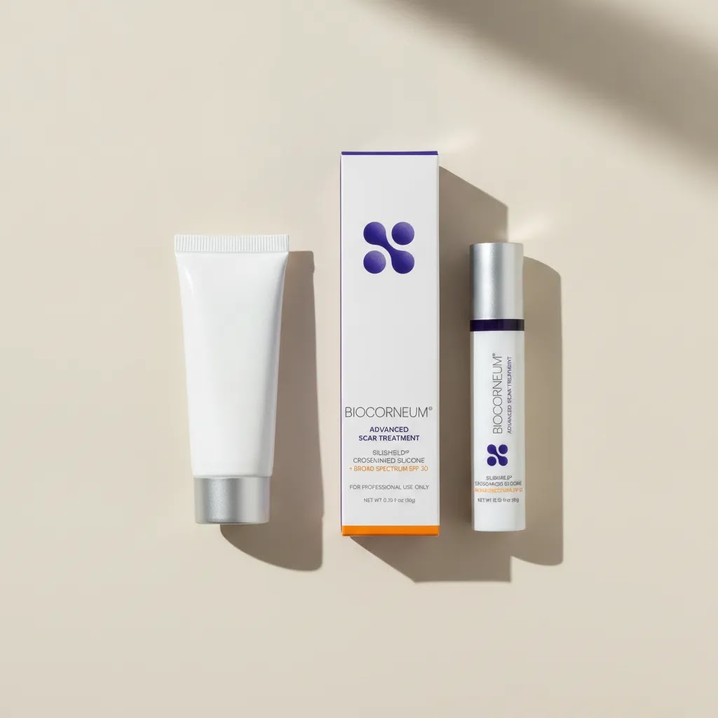 Silagen vs Biocorneum comparison image showing two silicone scar gel products side by side for post-surgery scar care