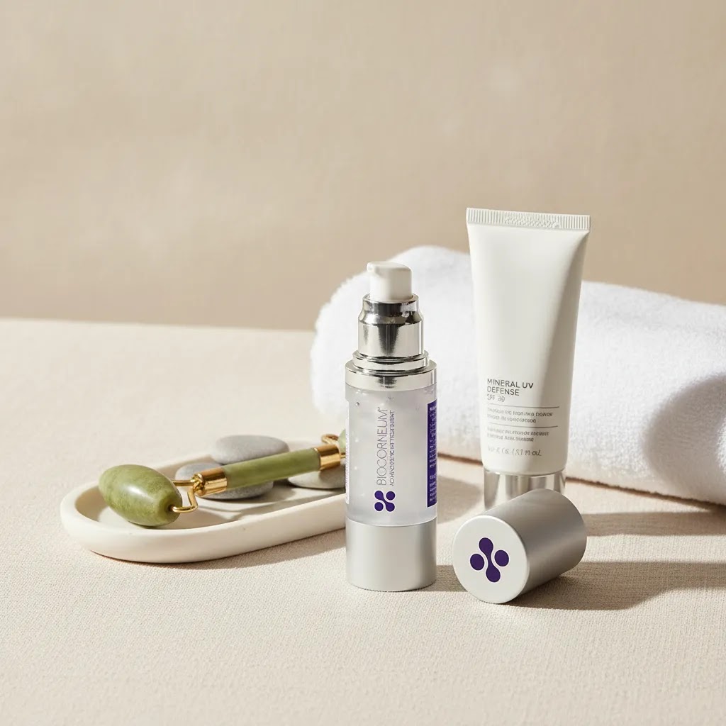 Biocorneum advanced scar treatment gel SPF 30 shown as part of a silicone and sun protection scar care routine