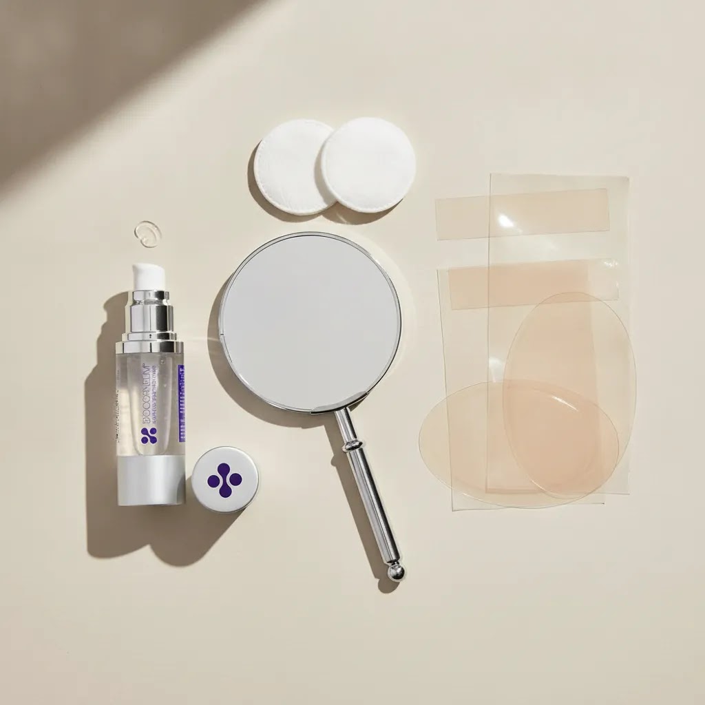 Silicone gel and silicone sheets for scars arranged to illustrate options for red acne scars care