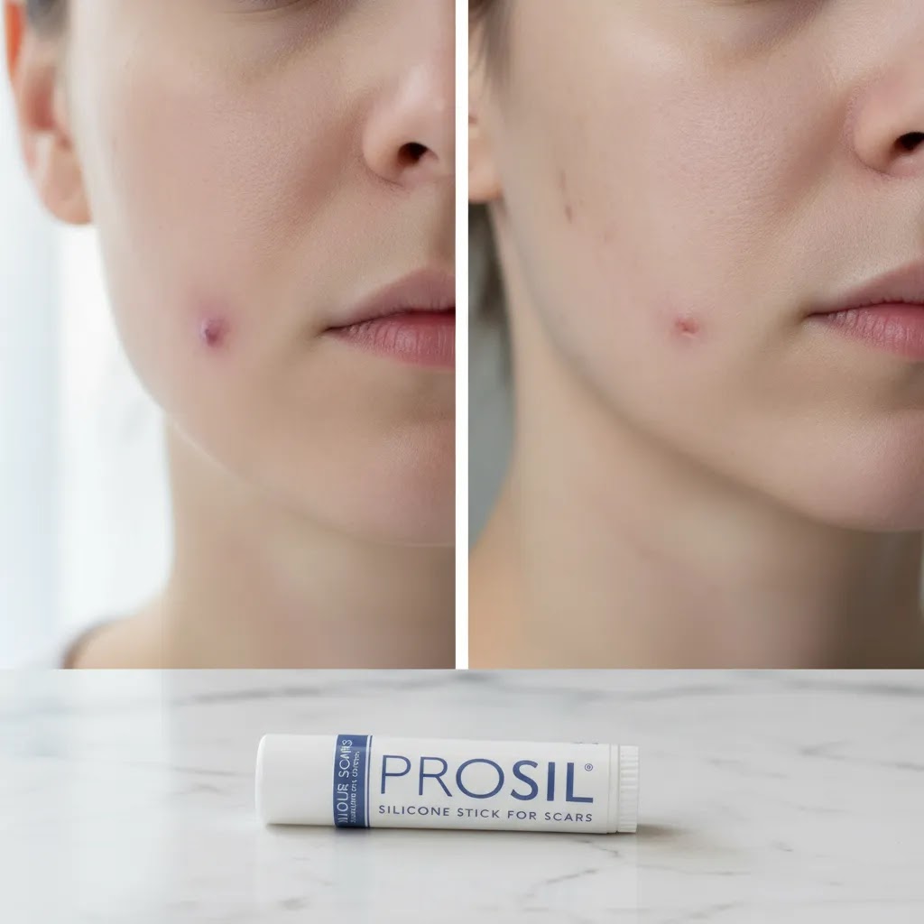 Silicone scar gel for acne scars comparison showing raised acne scar versus pitted acne scar on facial skin