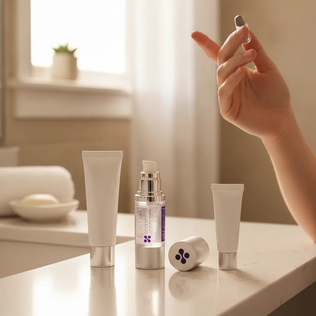 Silicone scar gel for acne scars being applied to facial skin with gel, stick, and ointment scar care formats nearby