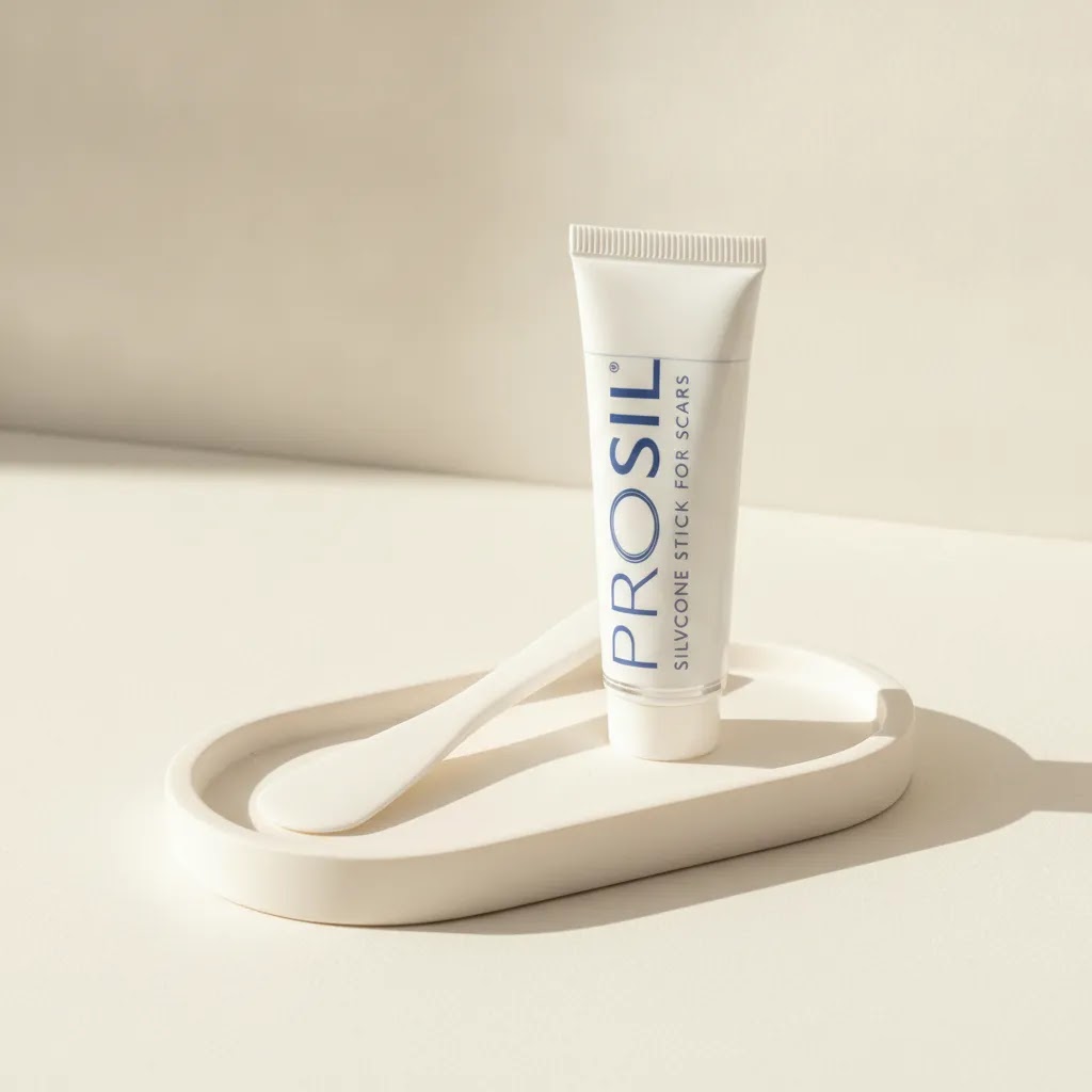 Does silicone scar gel work on acne scars image showing BIOCORNEUM SiliSilk silicone scar gel in a clean clinical setting