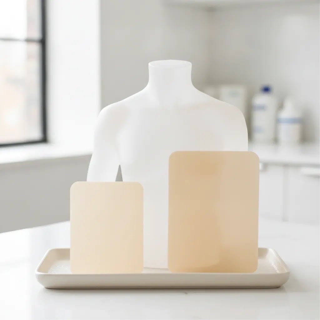 Epi-derm silicone gel sheeting for scars shown in standard and large sizes for practical scar coverage comparison