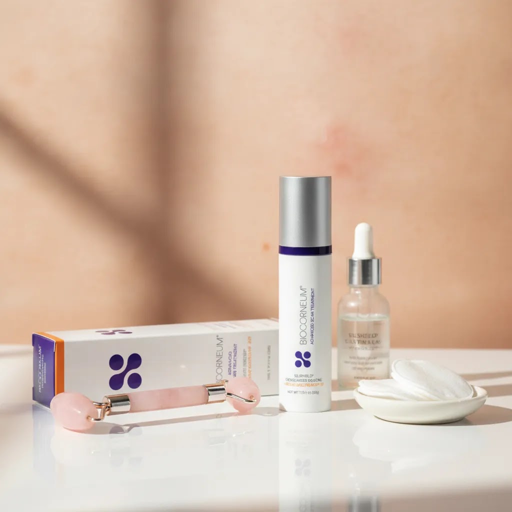 Different types of acne scars article image showing topical scar care gel used in a professional skincare setting