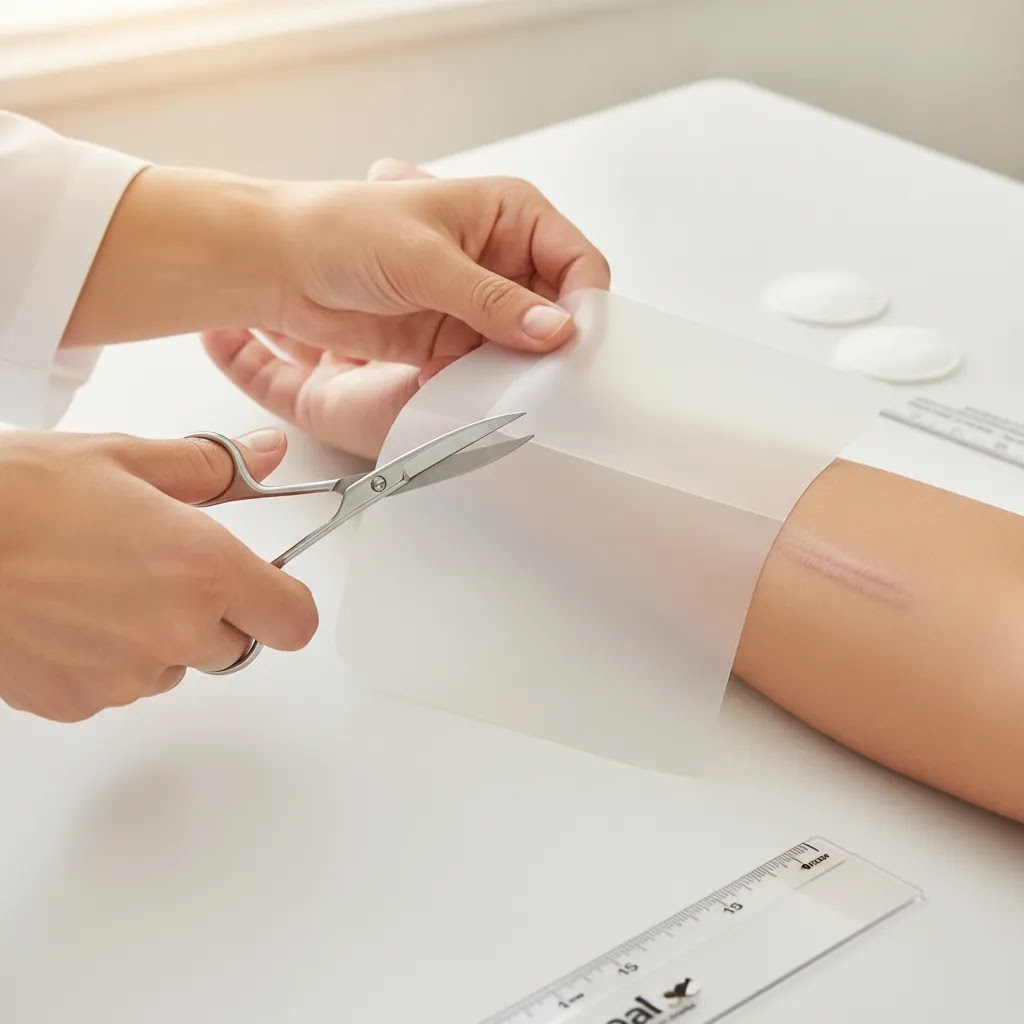 Epi-derm silicone gel sheeting for scars being trimmed and placed over a healed scar area
