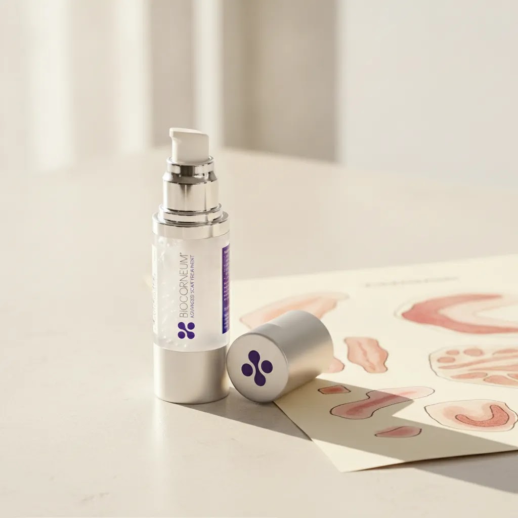 What do burn scars look like hero image with BIOCORNEUM SiliSilk Advanced Scar Gel beside a neutral scar appearance guide