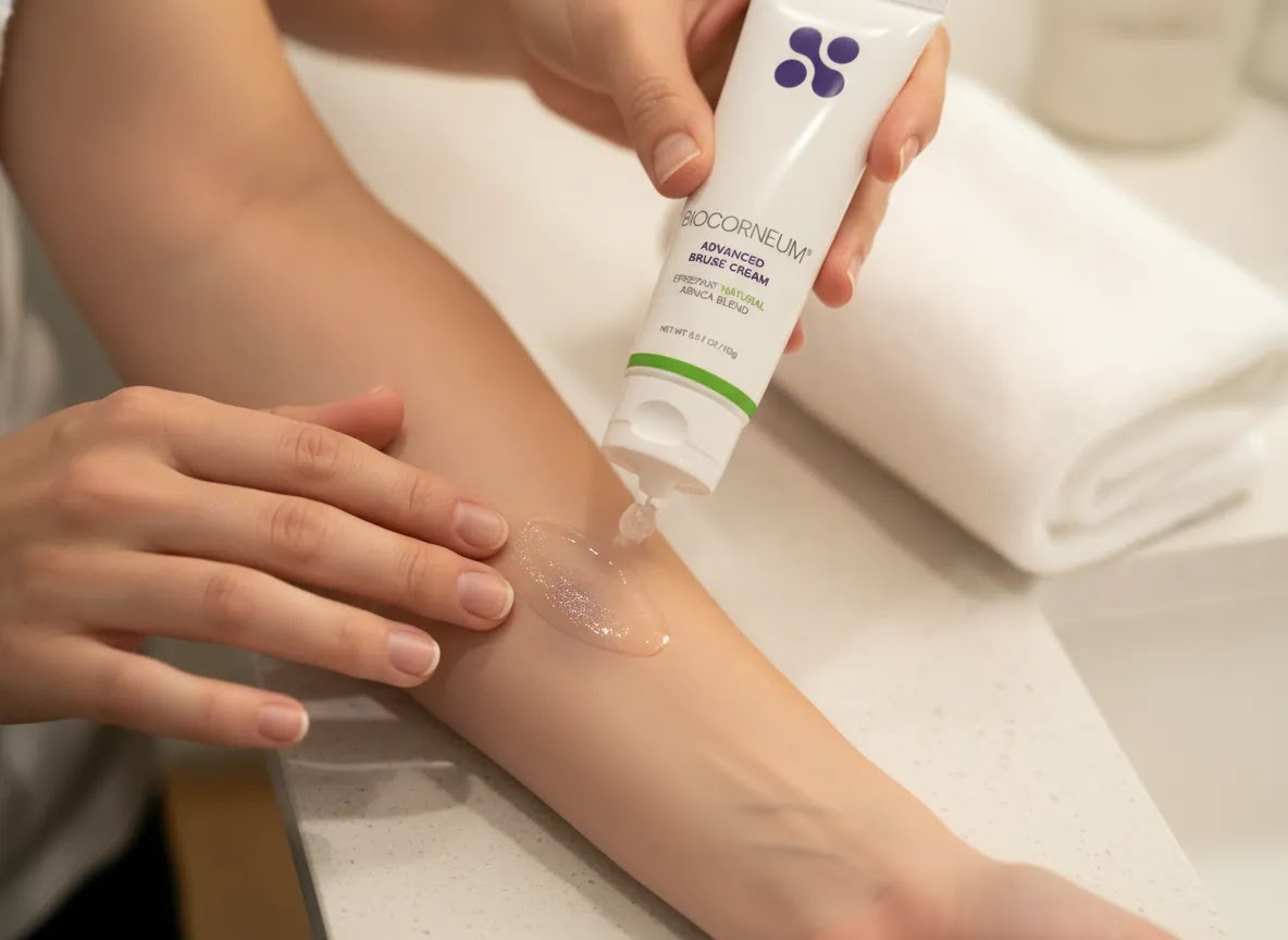 Arnica gel bruise treatment being applied to mild post-procedure bruising
