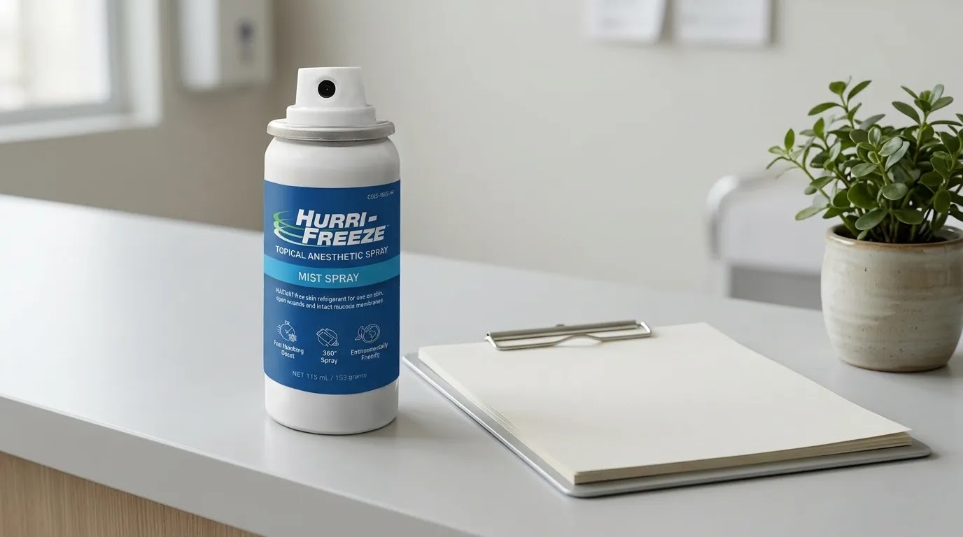 Low GWP propellant topical spray supporting sustainable medical anesthesia and hospital sustainability.