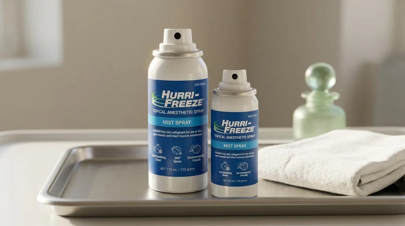 Hurri-Freeze topical spray in a clean clinical setting for sustainable medical anesthesia.