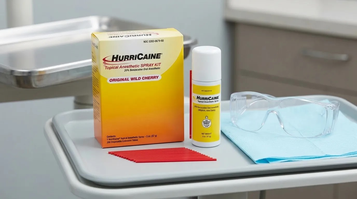 Benzocaine 20% topical anesthetic spray in a dental clinical preparation setting