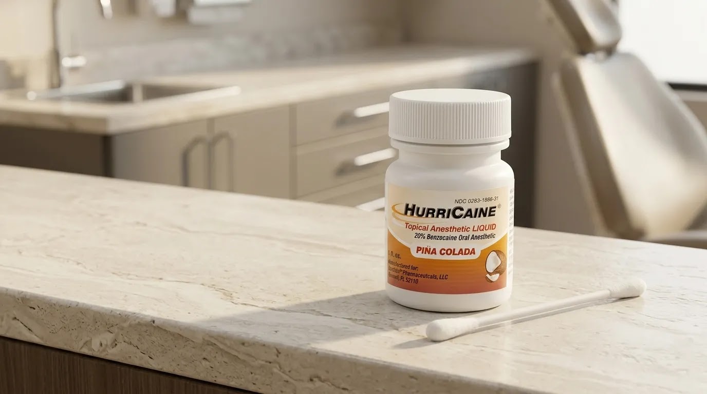 Benzocaine topical anesthetic liquid in a professional oral care setting
