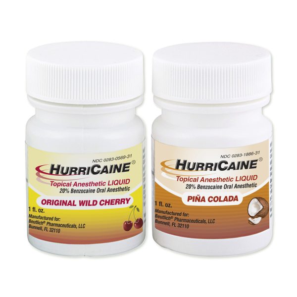 Two bottles of HurriCaine topical anesthetic liquid in Original Wild Cherry and Piña Colada flavors.