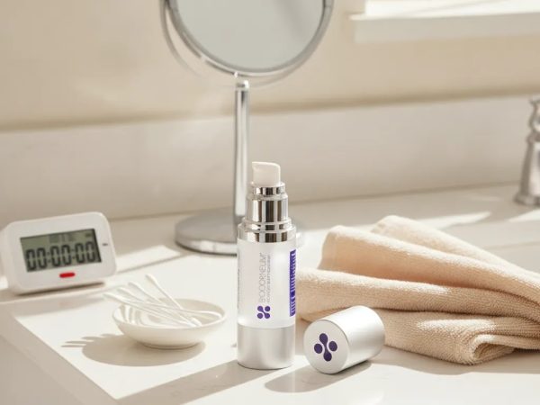 Biocorneum scar treatment silicone gel displayed in a clean bathroom setting for post-procedure scar care