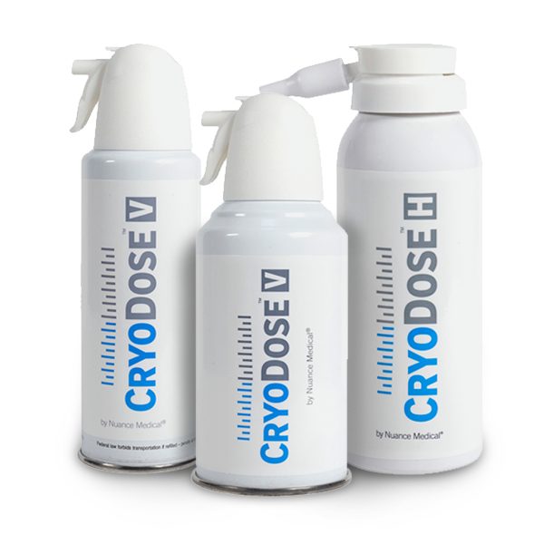Three CryoDose medical spray canisters labeled V and H by Nuance Medical.