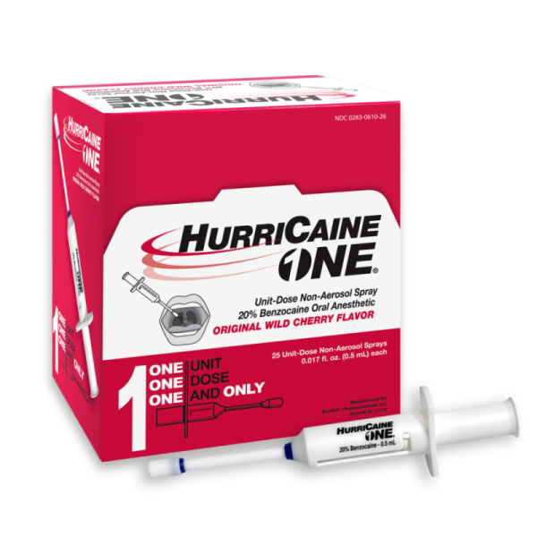 HurriCaine ONE oral anesthetic spray box with applicator syringe in front.