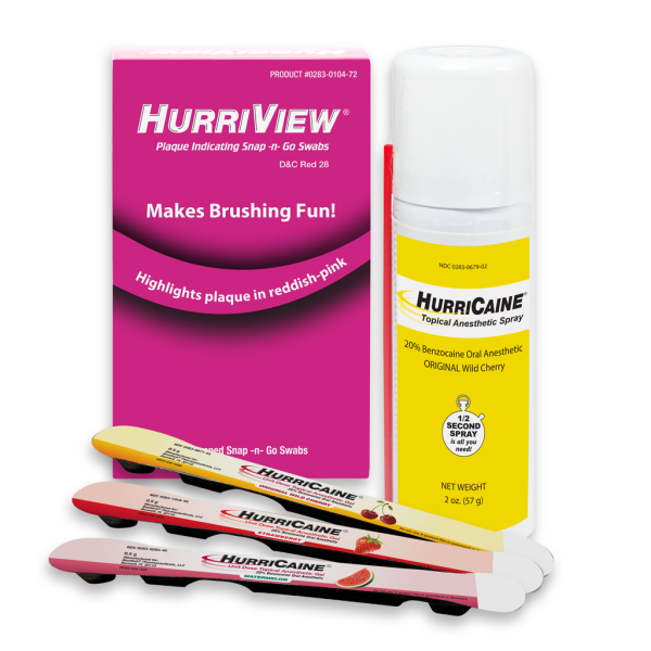 HurriView Plaque Indicating Snap-n-Go Swabs and a bottle of HurriCaine Topical Anesthetic Spray.