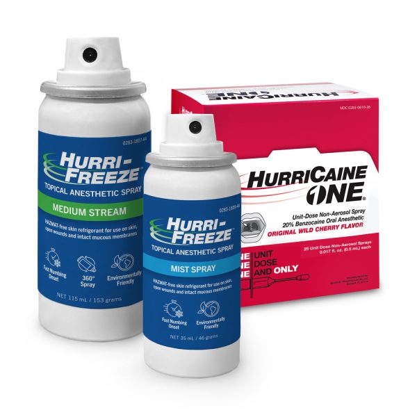 HurriFreeze topical anesthetic sprays and HurriCaine ONE unit-dose non-aerosol spray box.
