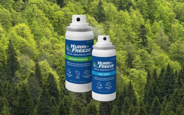 Two cans of HurriFreeze topical anesthetic spray (medium stream and mist spray) displayed against a background of green forest trees.