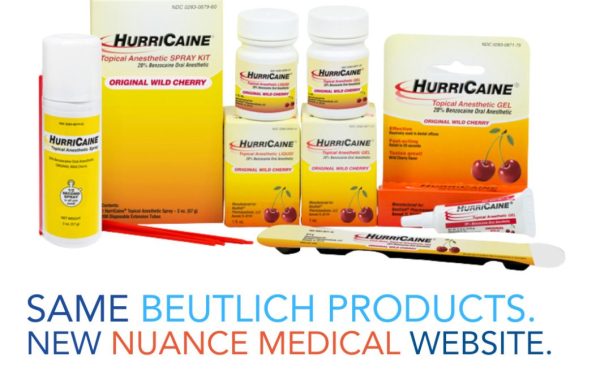HurriCaine anesthetic products with Nuance Medical website promotion.