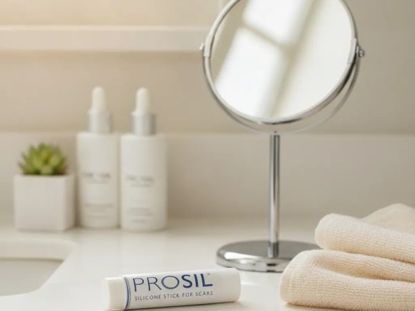 Prosil silicone scar stick shown in a clean bathroom setting for topical scar care after surgery