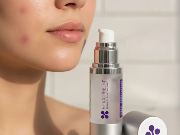 Close-up of red acne scars on smooth facial skin showing lingering post-inflammatory redness