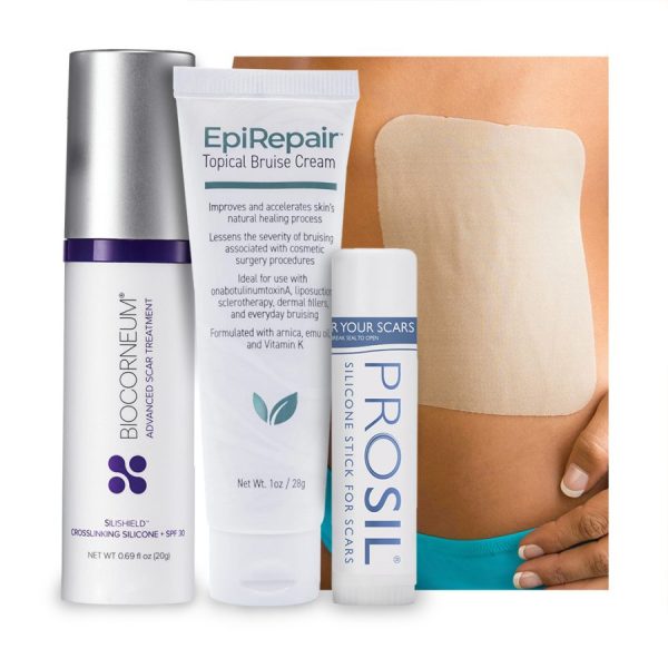 Collection of skincare and scar treatment products, including creams, a silicone stick, and a patch applied to skin.