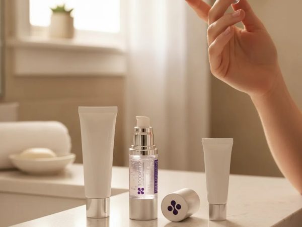 Silicone scar gel for acne scars being applied to facial skin with gel, stick, and ointment scar care formats nearby